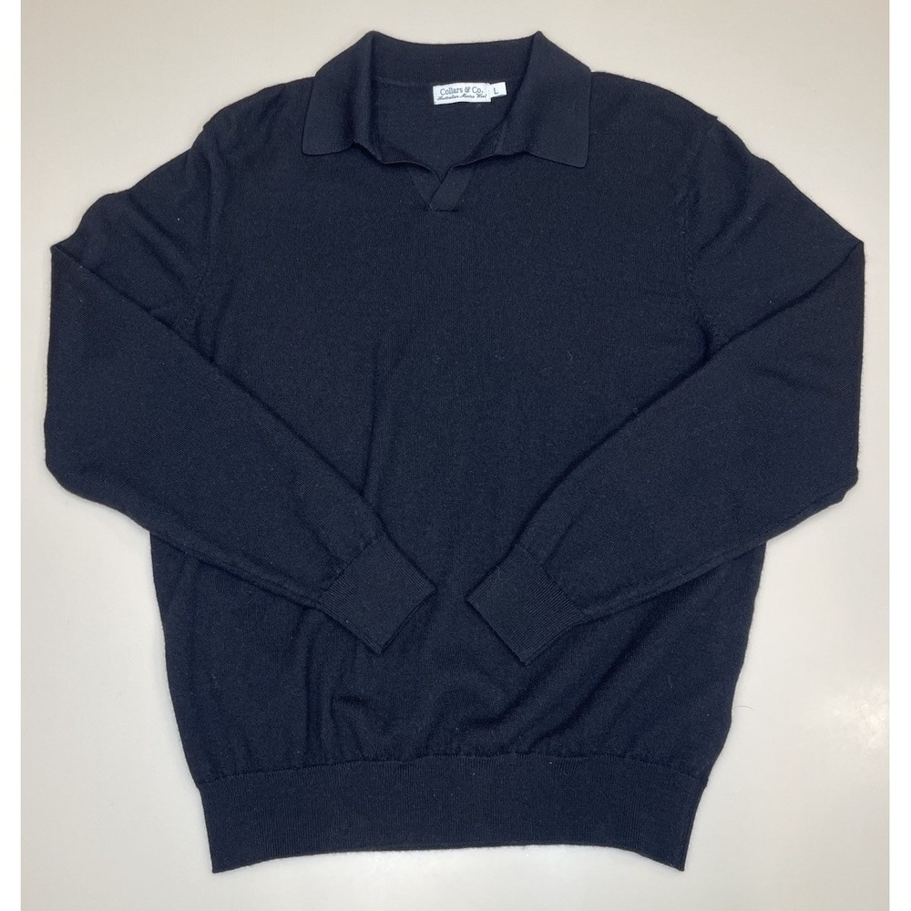 Collars and Co Mens Merino Wool Polo Sweater Size L Black Preppy Minimalist